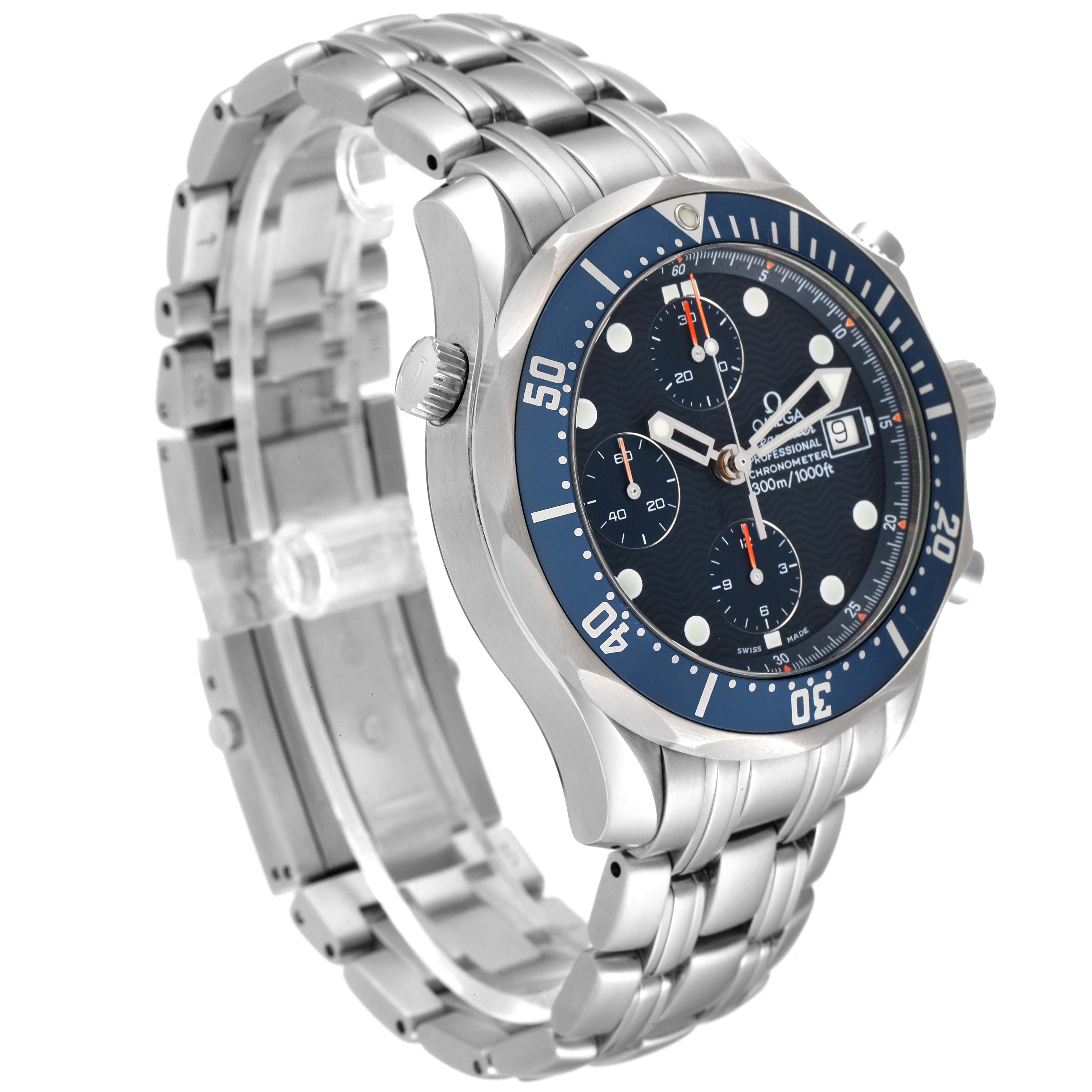 The image shows a side-angle view of an Omega Seamaster 2599.80.00 Men's Stainless Steel Blue Dial 2599.80.00 Men's Stainless Steel Blue Dial watch, highlighting its bracelet, bezel, and chronograph dial.