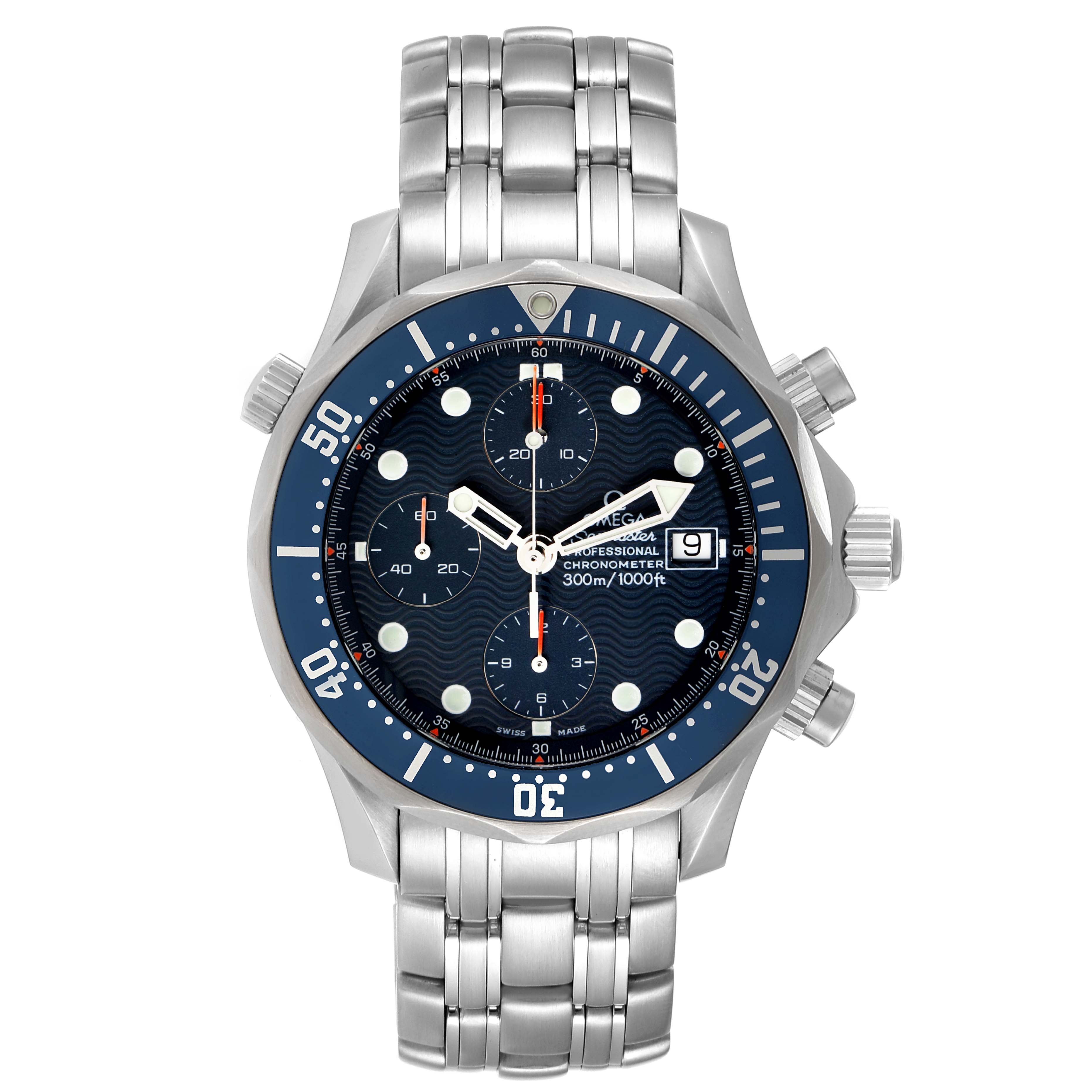 The image shows a front view of the Omega Seamaster 2599.80.00 Men's Stainless Steel Blue Dial 2599.80.00 Men's Stainless Steel Blue Dial watch, displaying its dial, bezel, bracelet, and chronograph features.