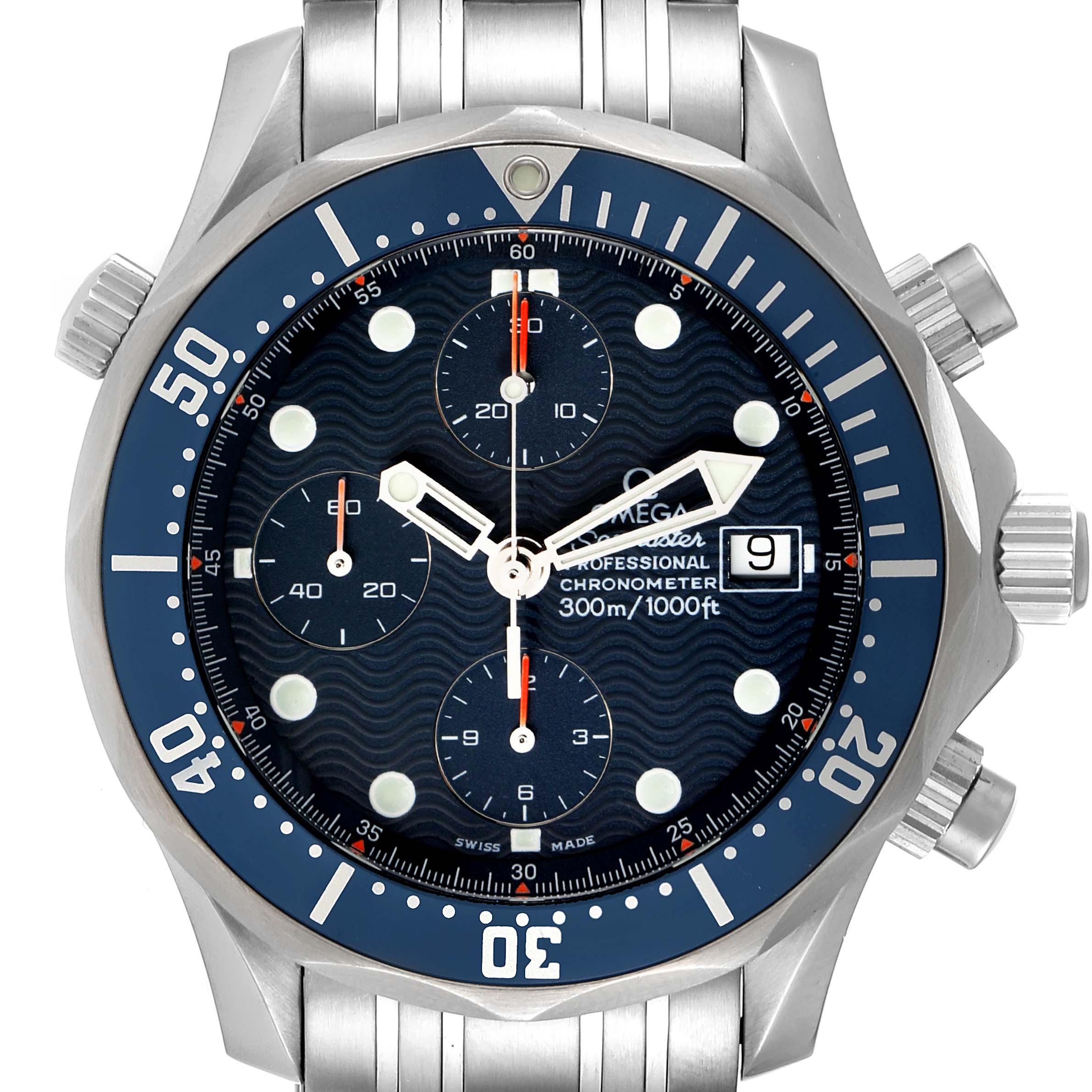The image shows a frontal view of an Omega Seamaster 2599.80.00 Men's Stainless Steel Blue Dial 2599.80.00 Men's Stainless Steel Blue Dial watch, highlighting its face, bezel, and bracelet.