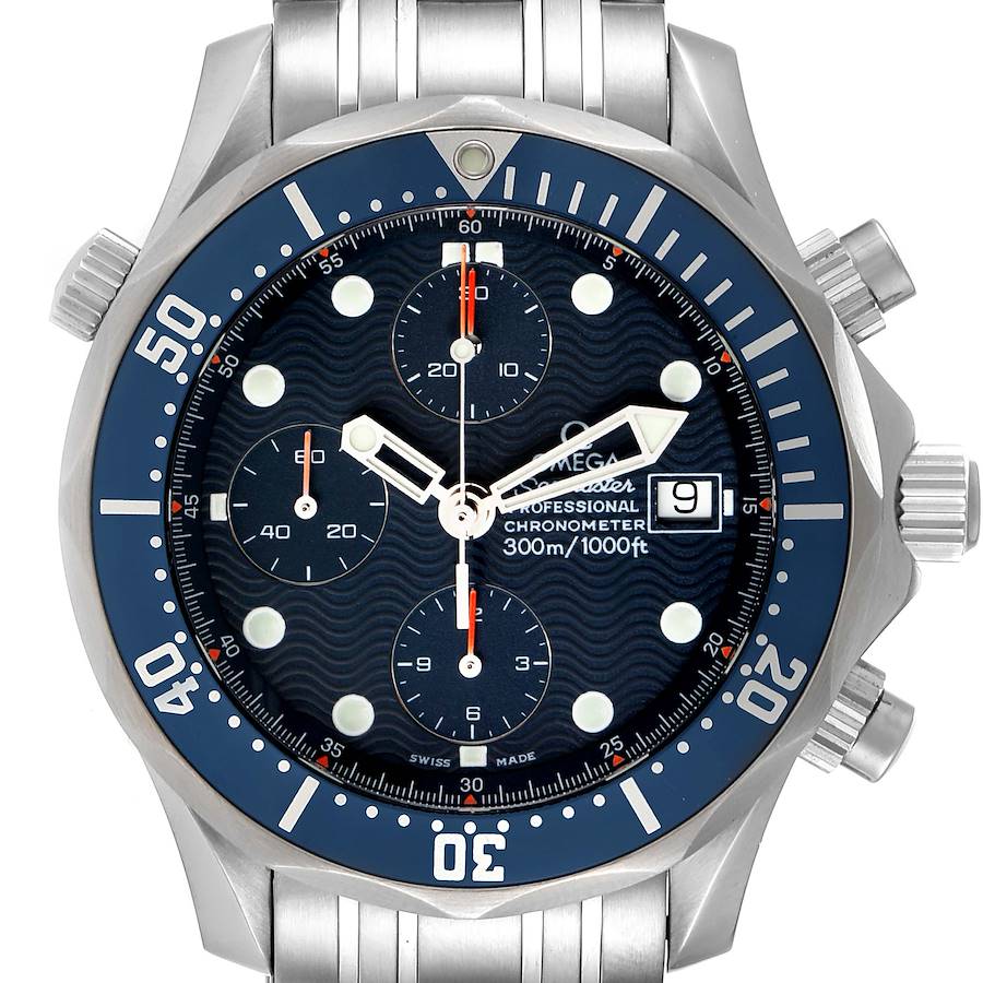 The image shows a frontal view of an Omega Seamaster 2599.80.00 Men's Stainless Steel Blue Dial 2599.80.00 Men's Stainless Steel Blue Dial watch, highlighting its face, bezel, and bracelet.