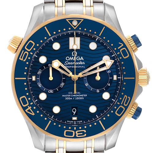 The image shows a frontal view of the Omega Seamaster 210.20.44.51.03.001 Men's Steel and Gold (two tone) Blue Dial 210.20.44.51.03.001 Men's Steel and Gold (two tone) Blue Dial model, highlighting its blue dial and gold accents on the bezel and indices.