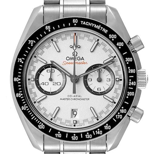 The image shows a front view of the Omega Speedmaster 329.30.44.51.04.001 Men's Stainless Steel White Dial 329.30.44.51.04.001 Men's Stainless Steel White Dial watch, displaying the dial, hands, subdials, tachymeter, and part of the bracelet.