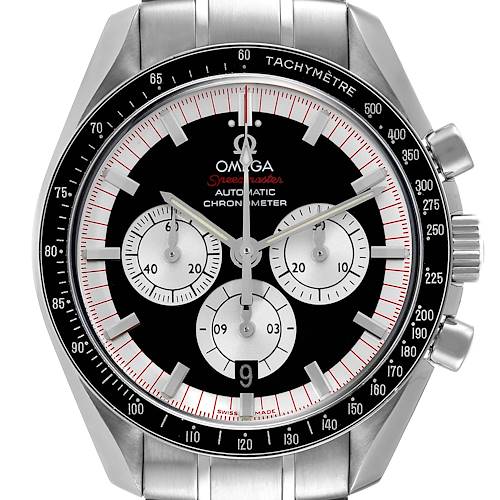 The image shows a front view of the Omega Speedmaster 3507.51.00 Men's Stainless Steel Black Dial 3507.51.00 Men's Stainless Steel Black Dial watch displaying its dial, subdials, tachymeter bezel, and part of the metal bracelet.