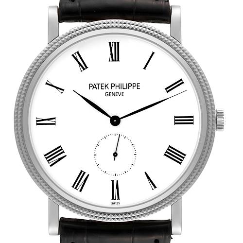 The image shows a front view of a Patek Philippe Calatrava 5119G Men's Yellow Gold White Dial 5119G Men's Yellow Gold White Dial watch, highlighting its face, Roman numerals, and part of its black strap.