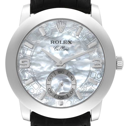 The Rolex Cellini 5240/6 Men's Platinum Mother of Pearl Dial 5240/6 Men's Platinum Mother of Pearl Dial watch is shown from the front, displaying the dial, hands, crown, and part of the strap.
