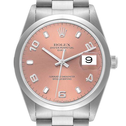 The image shows a front view of a Rolex Oyster Perpetual Date watch, highlighting the dial, hands, date display, and part of the bracelet.