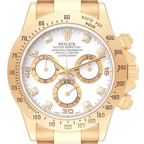 The image shows a front view of the Rolex Daytona 116528 Men's Yellow Gold White Dial 116528 Men's Yellow Gold White Dial watch, highlighting its dial, bezel, subdials, and bracelet.