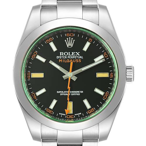 The image shows a front view of the Rolex Milgauss 116400V Men's Stainless Steel Black Dial 116400V Men's Stainless Steel Black Dial watch, displaying its dial, hands, and part of its bracelet.