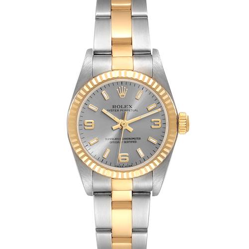 This image shows a front view of the Rolex Oyster Perpetual 76193 Women's Stainless Steel Grey Dial 76193 Women's Stainless Steel Grey Dial watch, highlighting its dial, bezel, and two-tone bracelet.