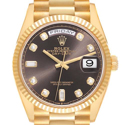 The image shows a front view of a Rolex President 128238 Men's Yellow Gold Grey Dial 128238 Men's Yellow Gold Grey Dial model watch, highlighting its dial, bezel, and part of the bracelet.