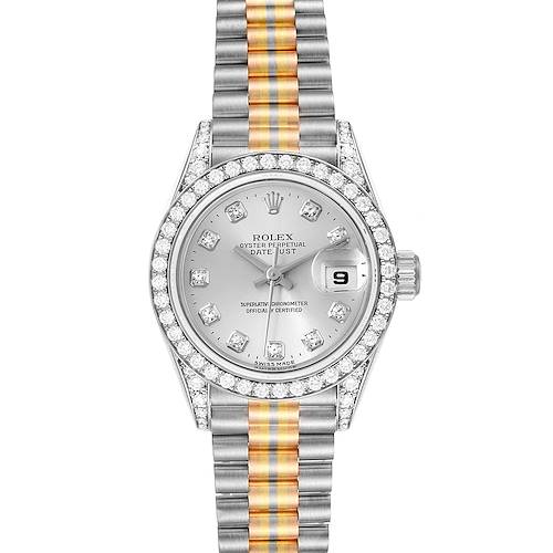 The image shows a Rolex President 69159 Women's White Gold Silver Dial 69159 Women's White Gold Silver Dial model watch from a top-down angle, highlighting its face, bezel, and bracelet.