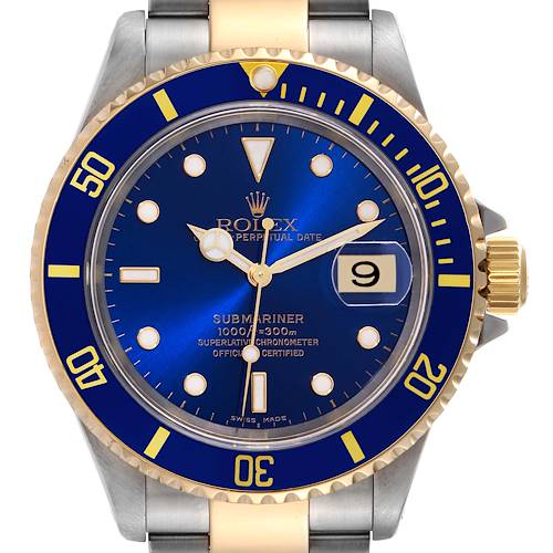The image shows a front view of a Rolex Submariner 16613 Men's Steel and Gold (two tone) Blue Dial 16613 Men's Steel and Gold (two tone) Blue Dial watch, highlighting its blue dial, bezel, date window, and crown.