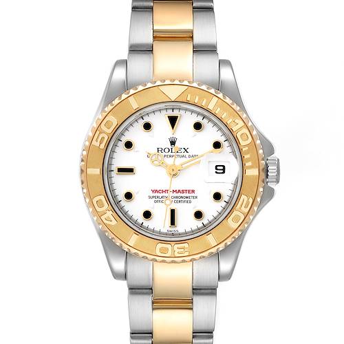 This is a front view of the Rolex Yacht-Master 169623 Women's Steel and Gold (two tone) White Dial 169623 Women's Steel and Gold (two tone) White Dial watch, showcasing the face, bezel, and bracelet.