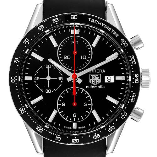 The image shows a front view of the Tag Heuer Carrera CV2014.FC6233 Men's Stainless Steel Black Dial CV2014.FC6233 Men's Stainless Steel Black Dial watch, highlighting its black dial, sub-dials, tachymeter bezel, and crown.