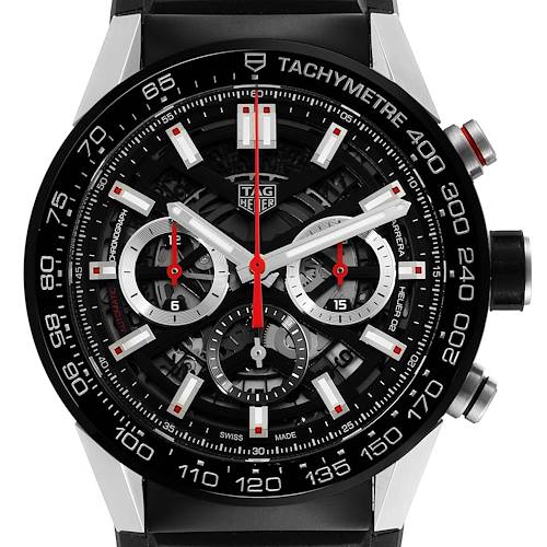 The image shows a frontal view of the Tag Heuer Carrera CBG2A10.FT6168 Men's Stainless Steel Black Dial CBG2A10.FT6168 Men's Stainless Steel Black Dial watch, highlighting the face and side pushers.