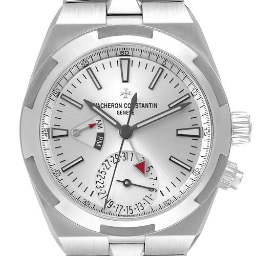 The image shows a close-up view of the Vacheron Constantin Overseas 7900V/110A Men's Stainless Steel Silver Dial 7900V/110A Men's Stainless Steel Silver Dial model watch face and its stainless steel casing.