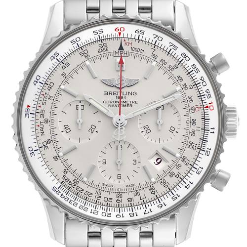 The Breitling Navitimer AB0123 Men's Stainless Steel Silver Dial AB0123 Men's Stainless Steel Silver Dial watch is shown from a top-down angle, displaying its dial and bezel clearly.