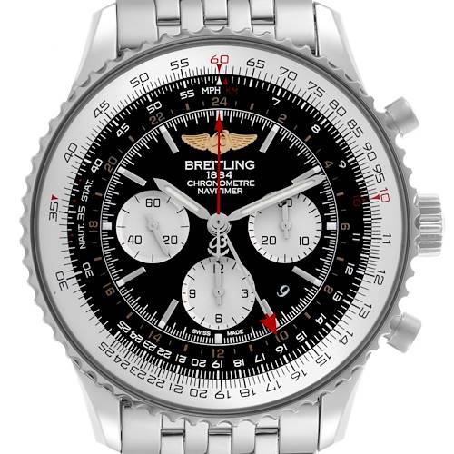 The Breitling Navitimer AB0441 Men's Stainless Steel Black Dial AB0441 Men's Stainless Steel Black Dial watch is shown from the front, displaying its round dial, three subdials, tachymetric scale, and metal bracelet.