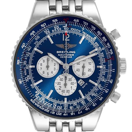 The Breitling Navitimer A35350 Men's Stainless Steel Blue Dial A35350 Men's Stainless Steel Blue Dial watch is shown from the front, displaying its blue dial, chronograph subdials, and stainless steel bracelet.