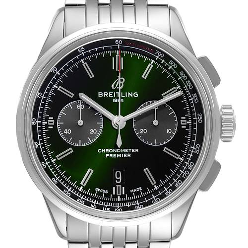 The image shows a full frontal view of the Breitling Premier AB0118 Men's Stainless Steel Green Dial AB0118 Men's Stainless Steel Green Dial chronometer watch, displaying the dial, hands, and stainless steel strap.
