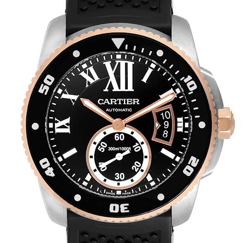 The image shows a front view of a Calibre de Cartier watch by Cartier, highlighting the face, hands, and bezel.