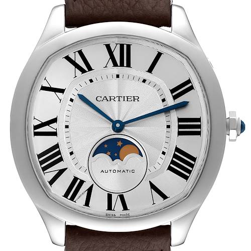 The image shows a close-up frontal view of the Drive de Cartier watch by Cartier, highlighting the dial and crown.