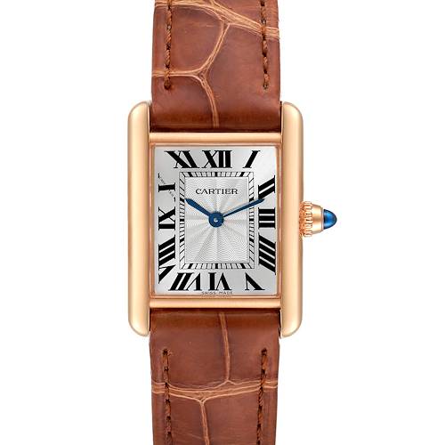 The image shows a front view of a Cartier Tank Louis WGTA0010 Women's Rose Gold Silver Dial WGTA0010 Women's Rose Gold Silver Dial watch, highlighting the dial, Roman numerals, gold case, and leather strap.