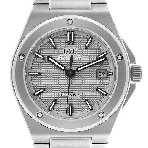 The IWC Ingenieur IW328904 Men's Titanium Grey Dial IW328904 Men's Titanium Grey Dial watch is shown from the front, highlighting its dial, hands, bezel, and crown.