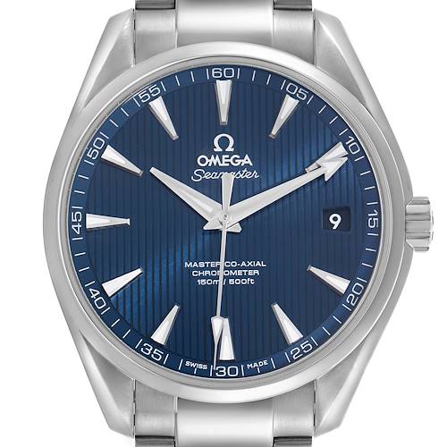 The Omega Aqua Terra 231.10.39.21.03.002 Men's Stainless Steel Blue Dial 231.10.39.21.03.002 Men's Stainless Steel Blue Dial watch is shown from the front, highlighting the blue dial, date display, and stainless steel bracelet.