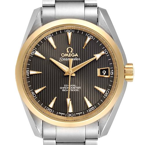 The Omega Aqua Terra 231.20.39.21.06.004 Men's Stainless Steel Grey Dial 231.20.39.21.06.004 Men's Stainless Steel Grey Dial watch is shown from a front angle, displaying its dial, bezel, bracelet, and crown.