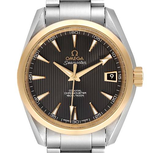 This image shows a front view of the Omega Aqua Terra 231.20.39.21.06.004 Men's Steel and Gold (two tone) Grey Dial 231.20.39.21.06.004 Men's Steel and Gold (two tone) Grey Dial watch, highlighting the dial, bezel, crown, and part of the bracelet.