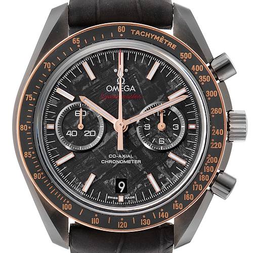 The image shows a front view of the Omega Speedmaster 311.63.44.51.99.002 Men's Ceramic Grey Dial 311.63.44.51.99.002 Men's Ceramic Grey Dial watch, highlighting the face, bezel, tachymeter, and chronograph sub-dials.