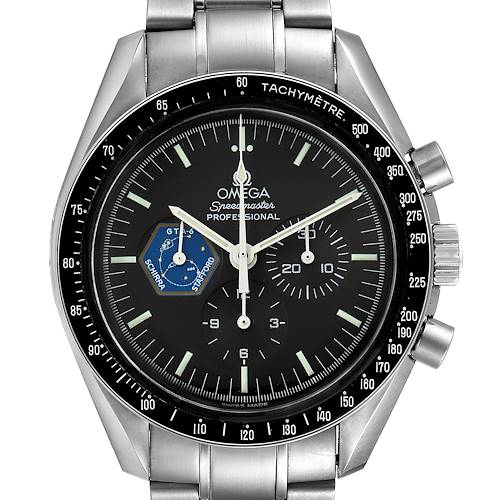 The image shows a front view of the Omega Speedmaster 3597.04.00 Men's Stainless Steel Black Dial 3597.04.00 Men's Stainless Steel Black Dial, highlighting its dial, tachymeter bezel, and metal bracelet.