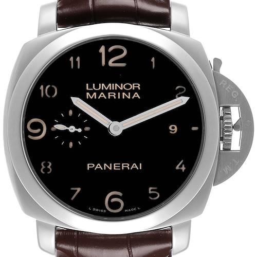 The image shows a front view of the Panerai Luminor PAM00359 Men's Stainless Steel Black Dial PAM00359 Men's Stainless Steel Black Dial watch, displaying its face, crown guard, and leather strap.