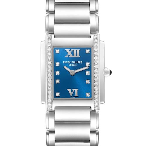 The Patek Philippe Twenty-4 4910/10A Women's Stainless Steel Blue Dial 4910/10A Women's Stainless Steel Blue Dial watch is shown from the front, highlighting the blue dial, Roman numerals, and diamond accents.