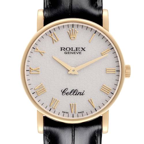 The Rolex Cellini 5115 Men's Yellow Gold Beige Dial 5115 Men's Yellow Gold Beige Dial watch is shown from a front angle, displaying the face, gold case, and black leather strap.