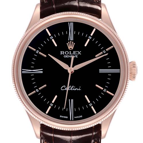 The Rolex Cellini 50505 Men's Rose Gold Black Dial 50505 Men's Rose Gold Black Dial watch is shown from the front, highlighting its dial, hour markers, hands, crown, and leather strap.