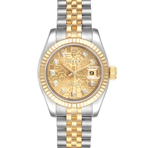 This image shows a Rolex Datejust 179173 Women's Steel and Gold (two tone) Champagne Dial 179173 Women's Steel and Gold (two tone) Champagne Dial watch from the front, displaying its two-tone bracelet, golden dial, and date window.