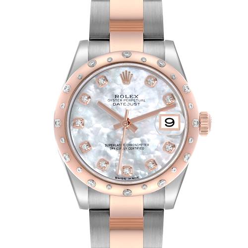 The Rolex Datejust Mid-Size watch is shown from a front angle, highlighting the face, bezel, and bracelet.