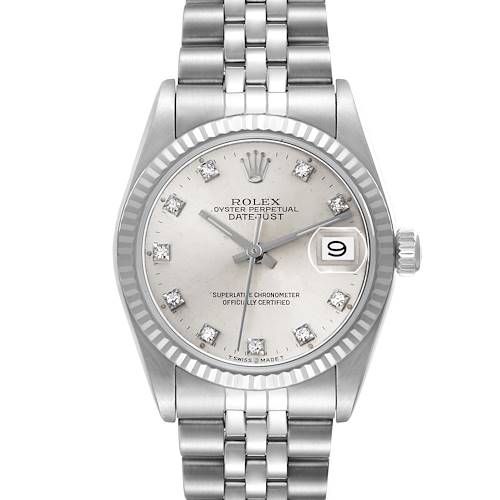 The Rolex Datejust Mid-Size watch is shown from the front, highlighting the dial, bezel, and bracelet.