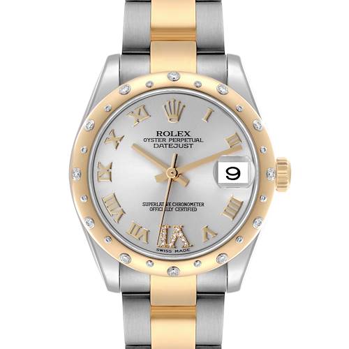 The Rolex Datejust Mid-Size watch is shown from a front angle, highlighting its dial, bezel, and bracelet.