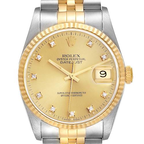 The Rolex Datejust 16233 Men's Steel and Gold (two tone) Champagne Dial 16233 Men's Steel and Gold (two tone) Champagne Dial watch is shown from a front angle, highlighting the dial, bezel, crown, and part of the bracelet.