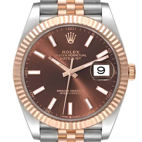 The image shows a frontal view of the Rolex Datejust 41 126331 Men's Steel and Gold (two tone) Brown Dial 126331 Men's Steel and Gold (two tone) Brown Dial model, displaying the dial, hands, date window, bezel, and part of the bracelet.