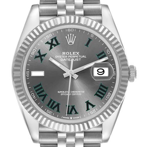 The Rolex Datejust 41 126334 Men's Stainless Steel Grey Dial 126334 Men's Stainless Steel Grey Dial is shown from a front angle, highlighting its dial, bezel, hands, date window, and part of the bracelet.