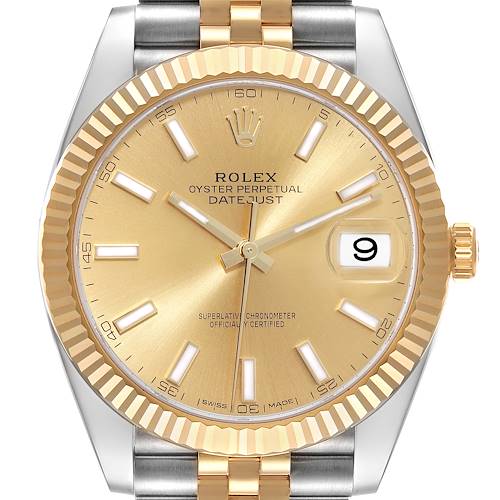 The image shows a close-up of the Rolex Datejust 41 126333 Men's Steel and Gold (two tone) Champagne Dial 126333 Men's Steel and Gold (two tone) Champagne Dial watch face, featuring its gold bezel and dial with a date display.