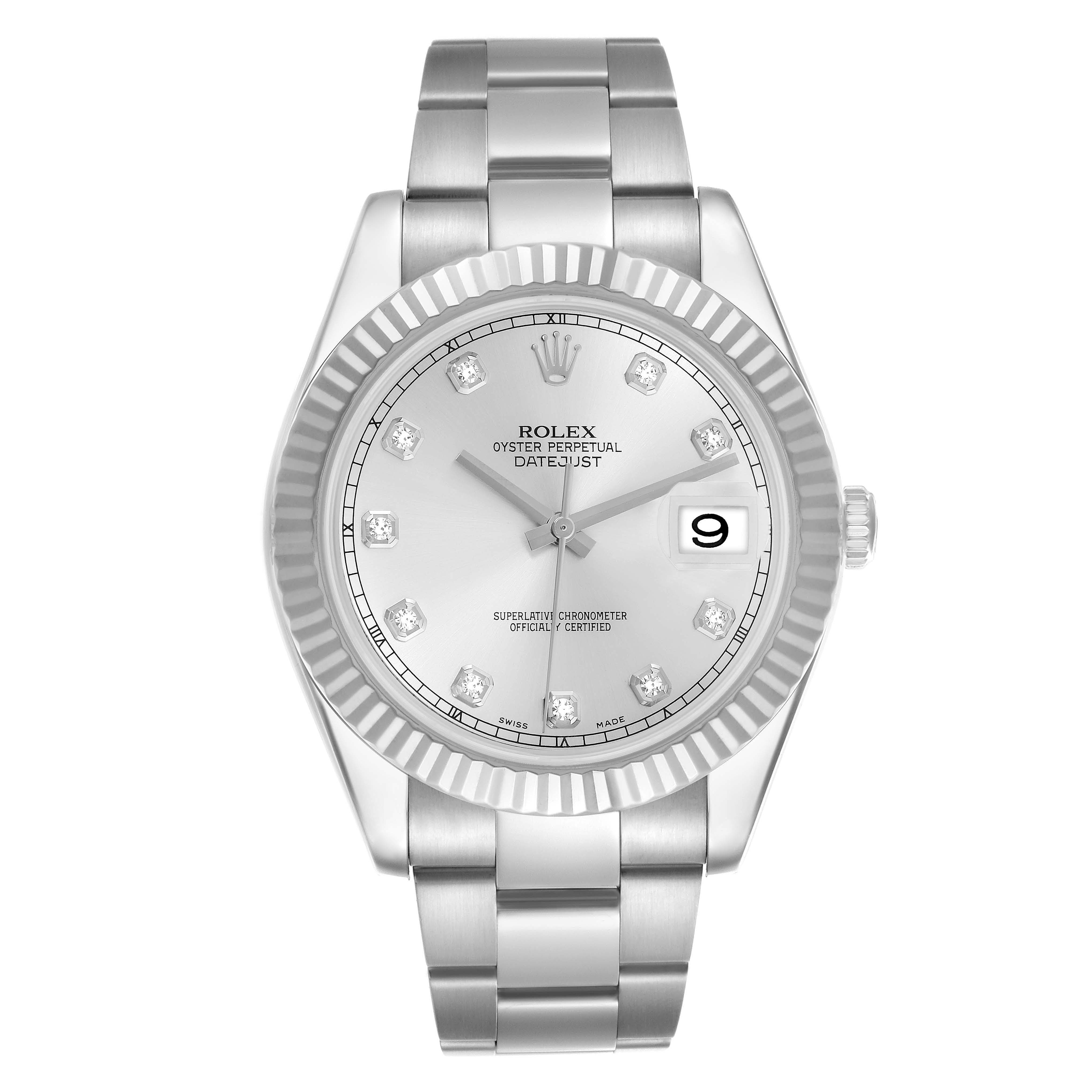 The image shows a front view of the Rolex Datejust 41 116334 Men's Stainless Steel Silver Dial 116334 Men's Stainless Steel Silver Dial, highlighting its dial, bezel, and bracelet.