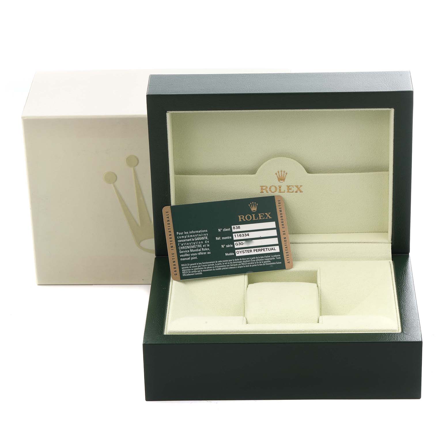 The image shows a Rolex Datejust 41 116334 Men's Stainless Steel Silver Dial 116334 Men's Stainless Steel Silver Dial watch box and warranty card at a front angle.