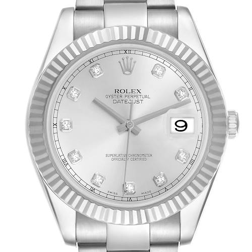 The Rolex Datejust 41 116334 Men's Stainless Steel Silver Dial 116334 Men's Stainless Steel Silver Dial is shown from a front angle, featuring its silver dial, fluted bezel, and cyclops date window at 3 o'clock.