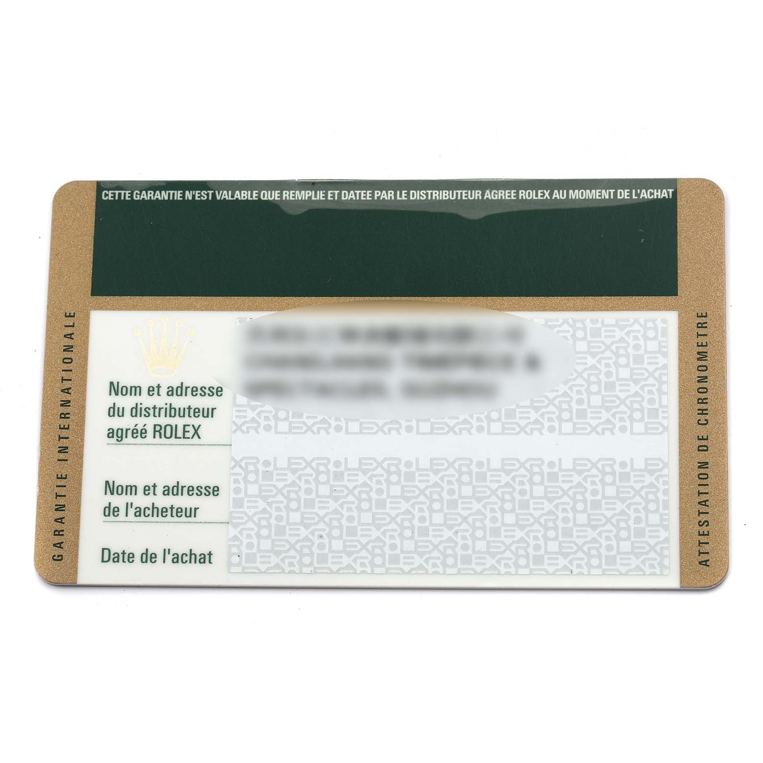 The image shows a Rolex Datejust 41 116334 Men's Stainless Steel Silver Dial 116334 Men's Stainless Steel Silver Dial international warranty card from a top-down angle.