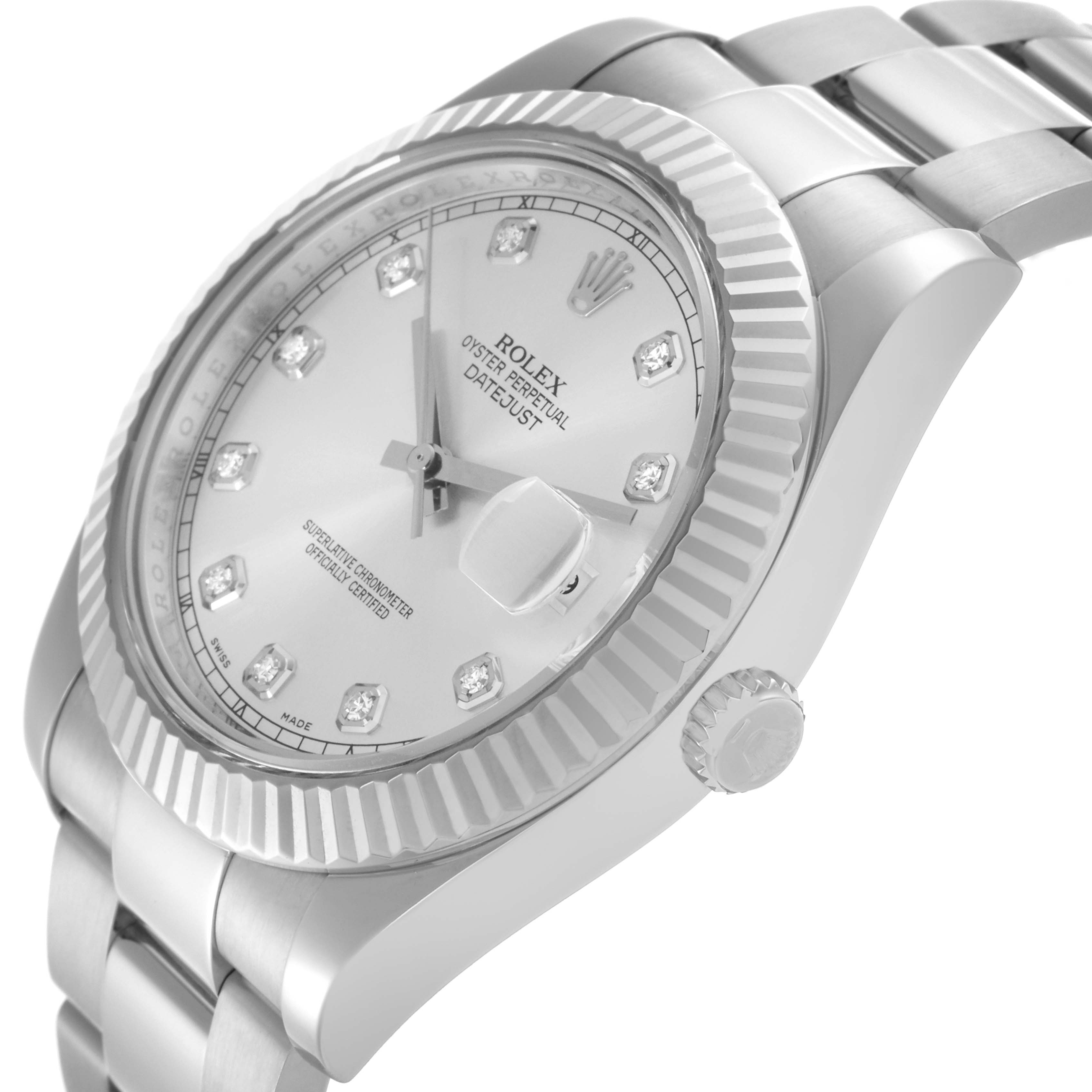 The Rolex Datejust 41 116334 Men's Stainless Steel Silver Dial 116334 Men's Stainless Steel Silver Dial is shown in a three-quarter angle, displaying the dial, bezel, and partial bracelet.
